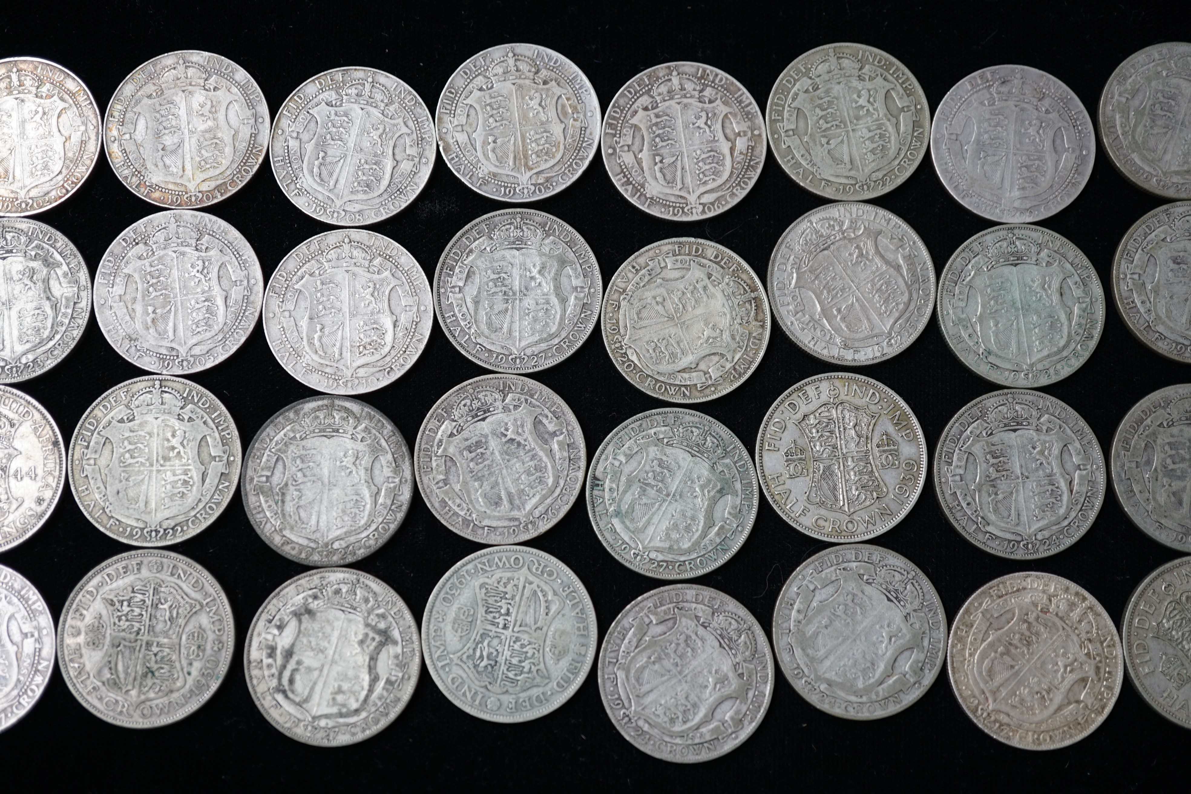 Ten Edward VII silver half crowns and twenty three George V/VI half crowns, various grades mostly below VF